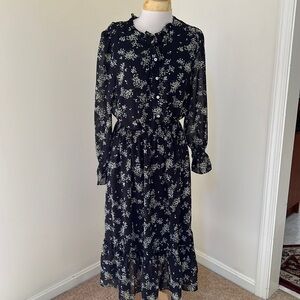 NWT! ELLISON size L black ruffled long sleeve front button dress